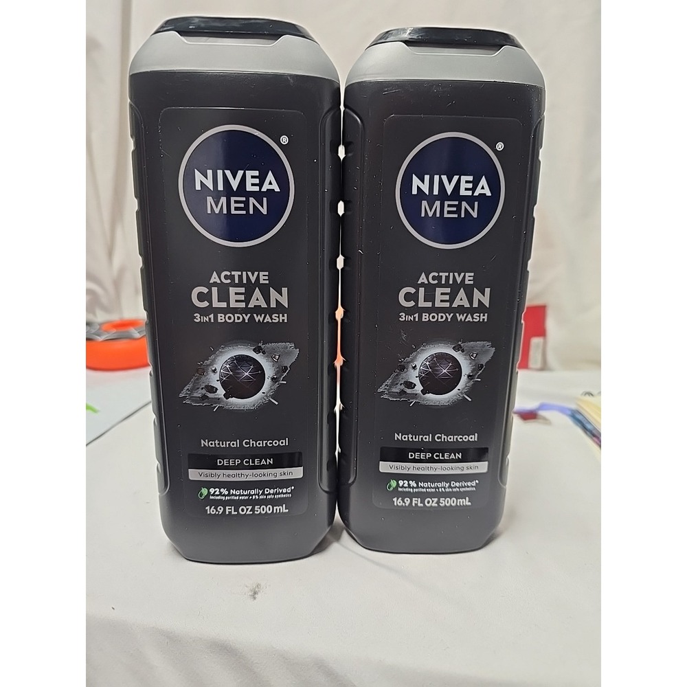 2 NIVEA Men Body Wash - 16.9oz Active Clean Natural Charcoal Deep Clean New Set